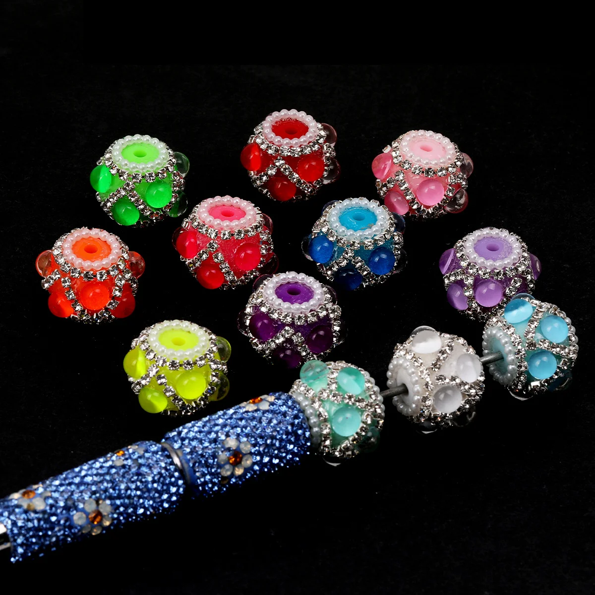4pcs/8pcs Random Color Rhinestone & Pearl Inlaid Acrylic Beads, 22mm Round Ornate Loose Beads, Colorful Decorative Spacer Beads