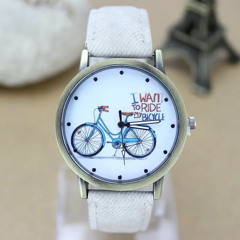 New Fashion Bicycle Women Watch Jean Fabric Leather Strap Dress Ladies Casual Quartz Wristwatches Relogio Feminino Часы Женские