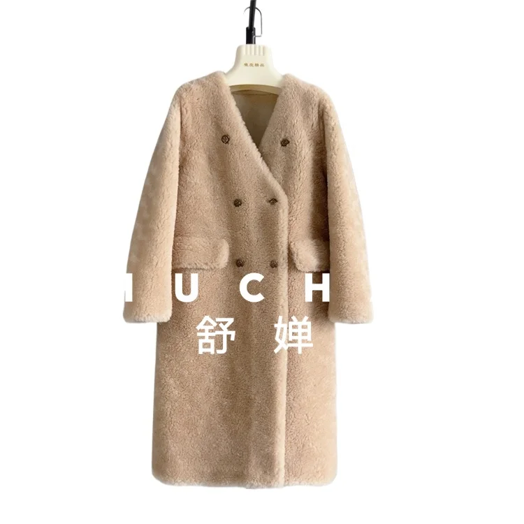 Cappotto in lana 100% da donna Nuovo cappotto lungo caldo con scollo a V, lana di agnello Autunno e inverno Cappotto invernale spesso da donna