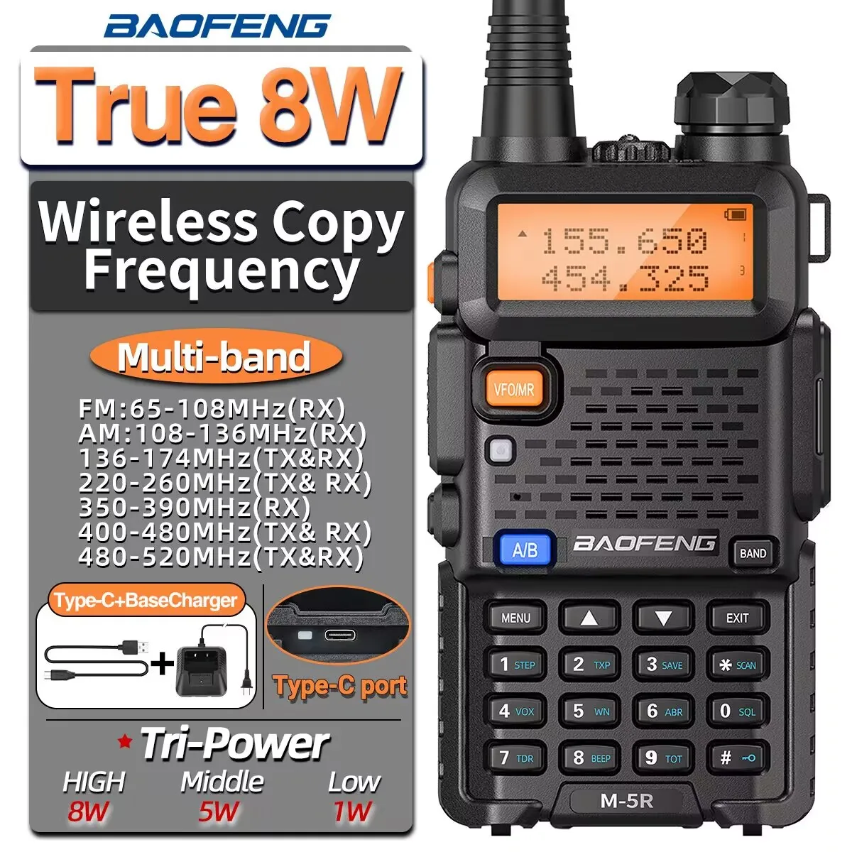 

Baofeng M-5R 8W 5W Walkie Talkie Wireless Copy Frequency Type-C Long Range Tri Power Upgraded of UV-5R UV-K6 Ham Two Way Radio