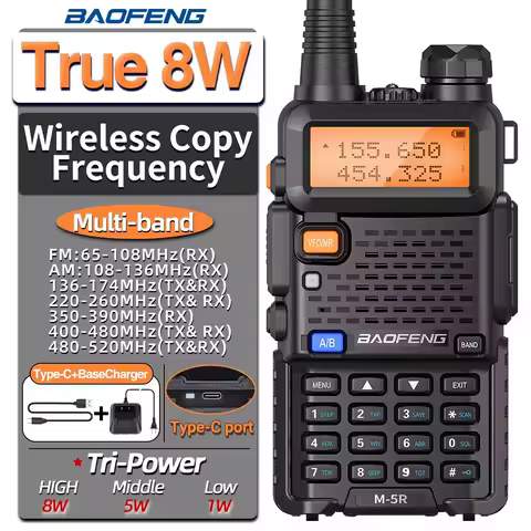 Baofeng M-5R 8W 5W Walkie Talkie Wireless Copy Frequency Type-C Long Range Tri Power Upgraded of UV-5R UV-K6 Ham Two Way Radio