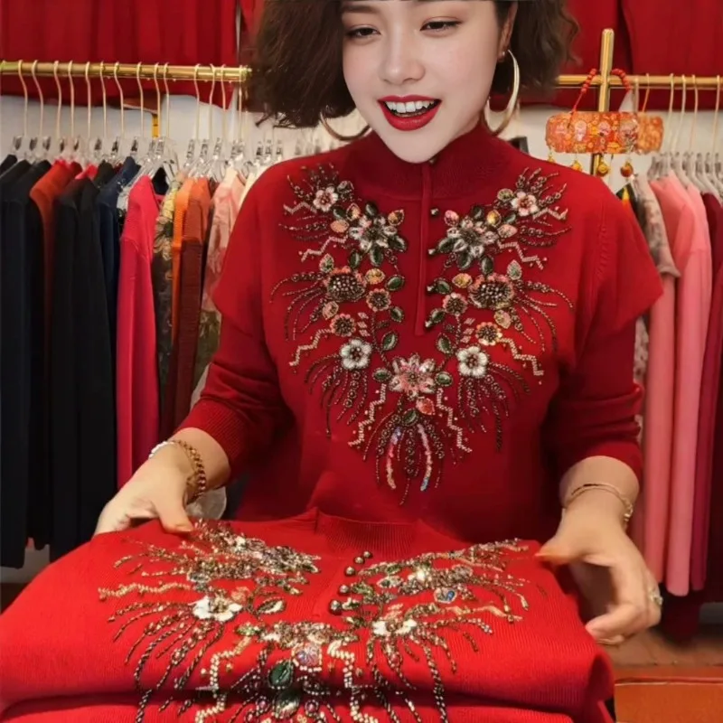Middle-aged and Elderly Mothers New Loose Turtleneck Heavy Industry Embroidered Sweater Knitted Embroidered Top Versatile Base