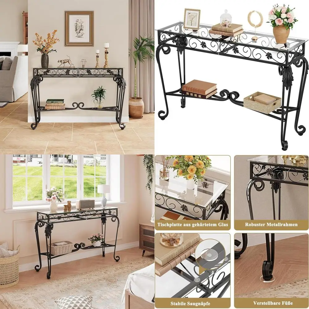 

Консольный столик в винтажном металлическом каркасе, закаленное стекло 47,2 г., регулируемые ножки для гостиной, фойе и прихожей (черный)