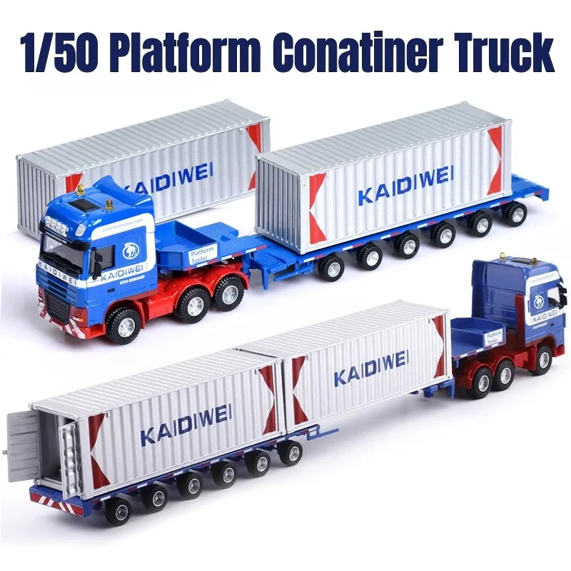 แพลตฟอร์มรถเทรลเลอร์ขนส่งรถบรรทุกพ่วงรถของเล่นสำหรับเด็ก1/50โมเดลรถเหล็กหล่อเพื่อการศึกษาของขวัญเด็กผู้ชาย