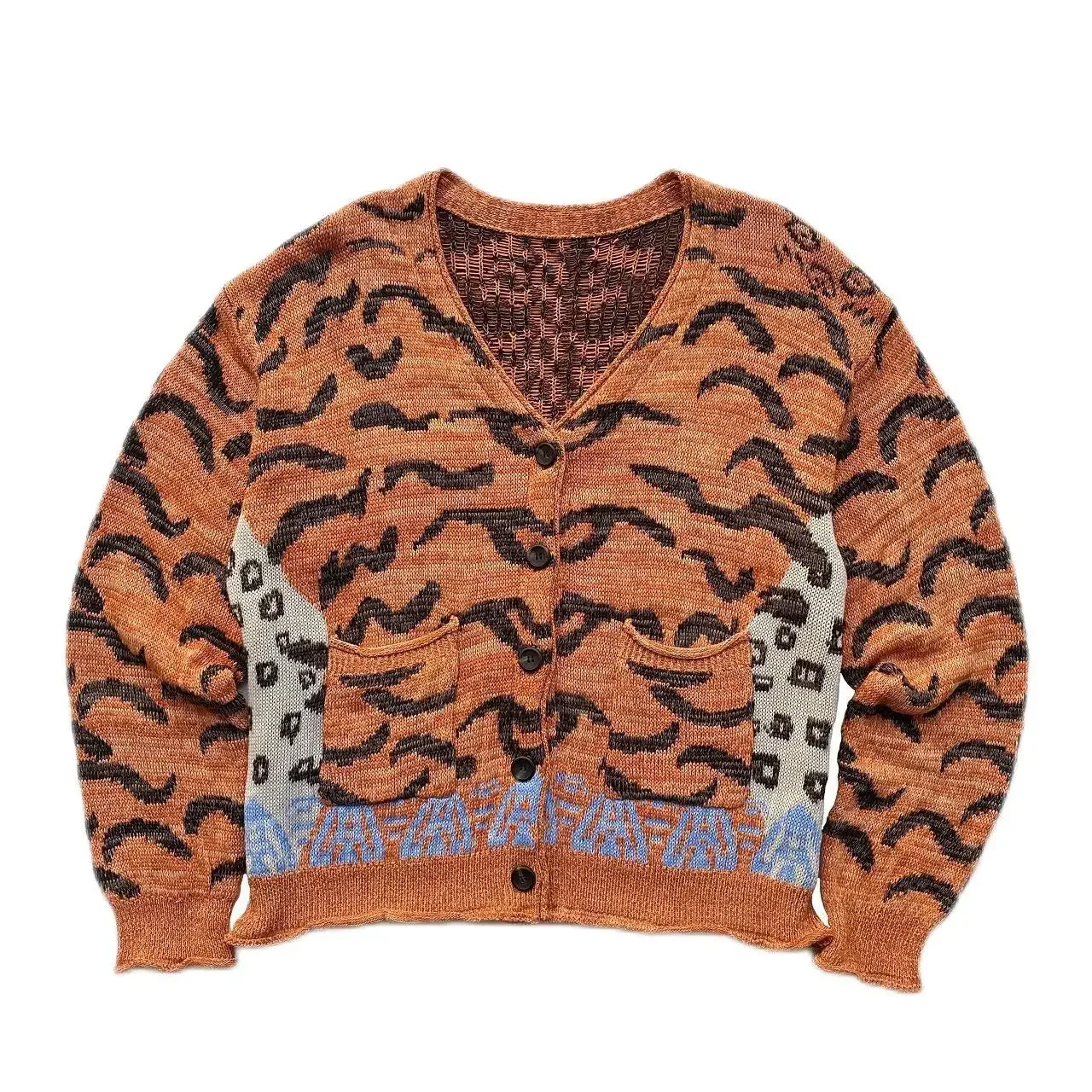 

2025 Kapital Vintage Hirata Hiroshi Tiger Leopard Print Long Sleeve Sweaters Loose V-neck Men's and Women's Knitted Cardigan