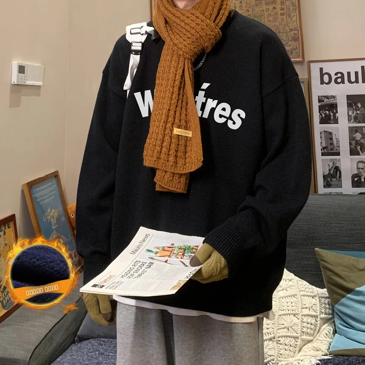 

Мужской зимний свитер с круглым вырезом, на флисовой подкладке, свободного кроя, из кашемира, модный повседневный, удобный, с длинными рукавами