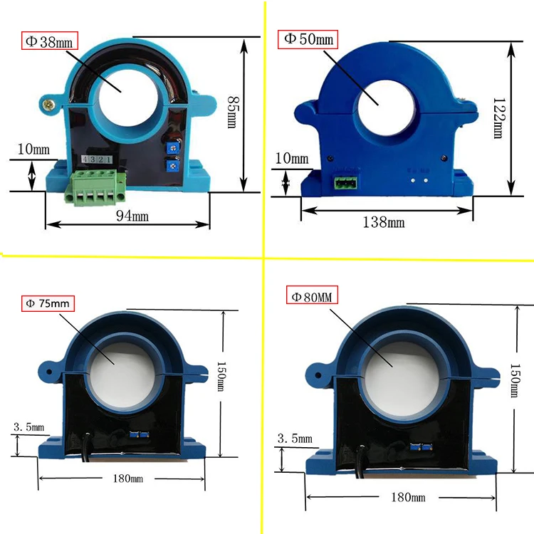 Imagem -03 - Sensor de Corrente Transmissor Hall Open Loop Split Core Transdutor 10a 20a 100a 200a 20 mm 38 mm Hole a 20ma Rs485 dc