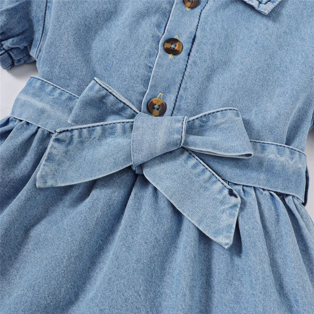 1-3 Years Summer Toddler Baby Girl Fashion Dress Bubble Sleeve Lapel Jeans Casual Dresses Birthday Party Costumes for Kid Girls