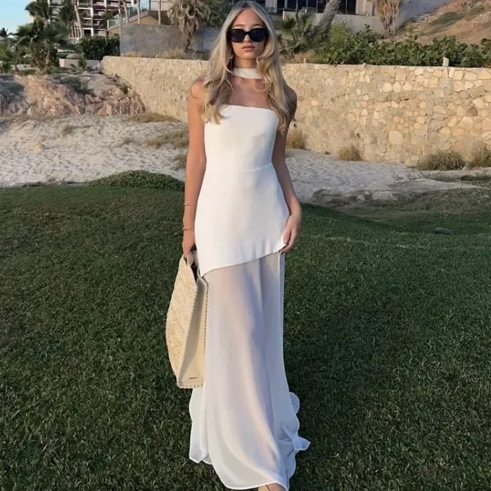

Ladies' Temperament Fashionable Strapless One Shoulder Sleeveless Dress Long White Dress Summer Sexy Dress