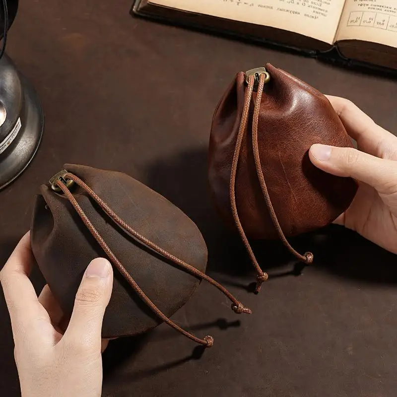 Genuine Oil Wax Crazy Horse Leather Drawstring Pouch Vintage Wear Resistant Mini Coin Purse for Birthday Gifting