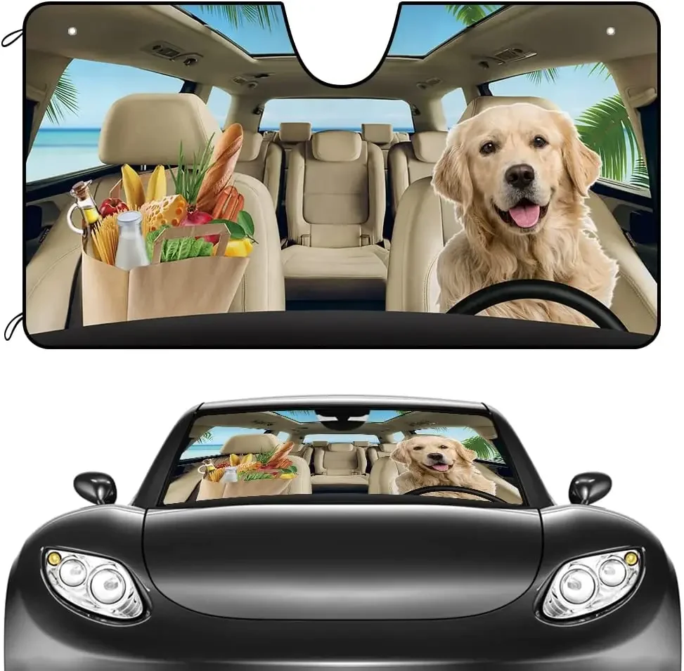 CafeTime Dogs Car Windshield Sunshade Cream Golden Retriever in The Beach Vegetable Vehicle Front Windshield Sun Shade Visor UV