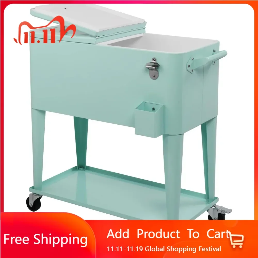 

80 Quart Party Ice Cooler Table with Shelf, Bottle Opener, Portable Rolling Drink Coolers Cart, Ice Cooler Table