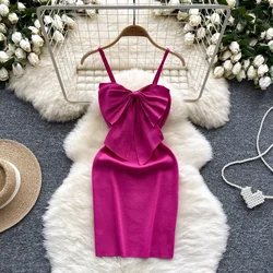 2024 Sexy Backless Lace Solid Knitted Bow Summer Dress Women Black Mini Party Dress Bodycon Sheath night Club Outfits