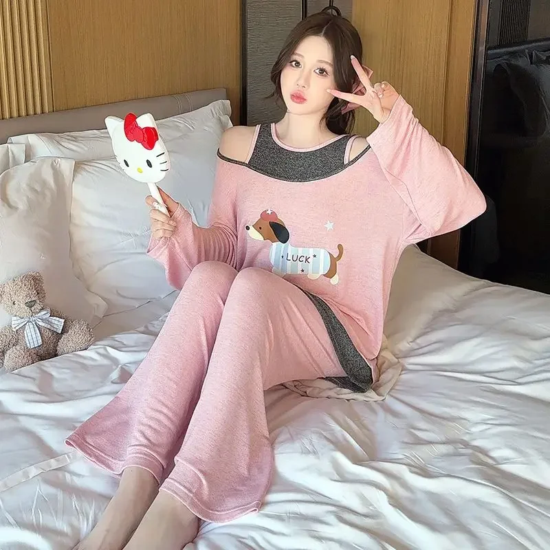 

M-5XL Women Spring Cartoon Nightwear Plus Size Korean Student Pajamas Homewear Loose Long Sleeves Trousers Sleepwear Loungewear