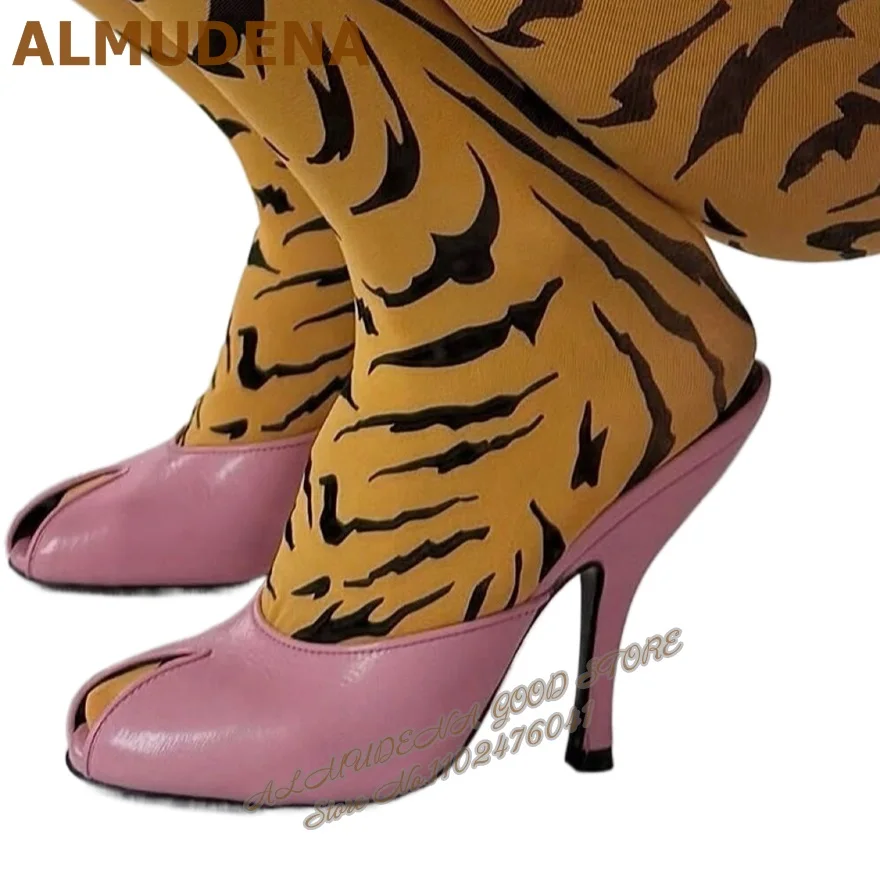 ALMUDENA الوردي ماتي جلدية عالية الكعب البغال الخناجر فم السمكة المفتوحة تو الحديثة Slippeprs خارج الانزلاق على فستان الأحذية #4