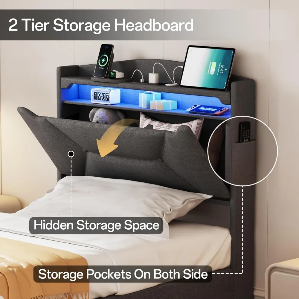 "إطار سرير مزدوج الحجم مع مساحة تخزين ولوح رأسي منجد، بما في ذلك الأدراج، ومحطة الشحن، وإضاءة LED"