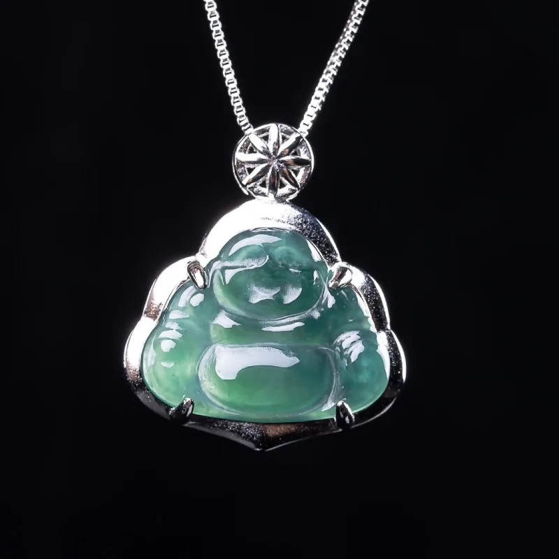 

S925 silver Natural Burmese A Emerald Jade Blue Water Maitreya Buddha Pendant Carved Jadeite Jewelry Amulet Gifts Certificate