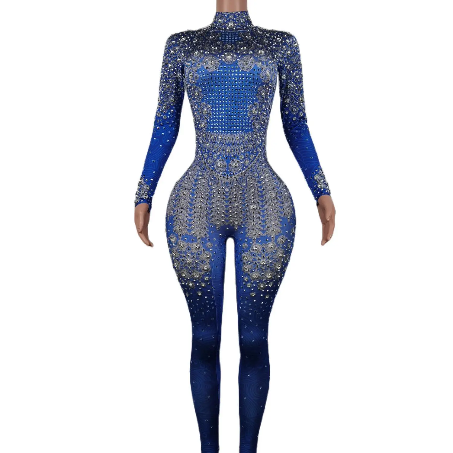 

Shiny Blue Rhinestones Jumpsuit Plus Size Bodycon Rompers Women Leggings Stage Dancer Costume Sexy Birthday Party Club Bodysuits