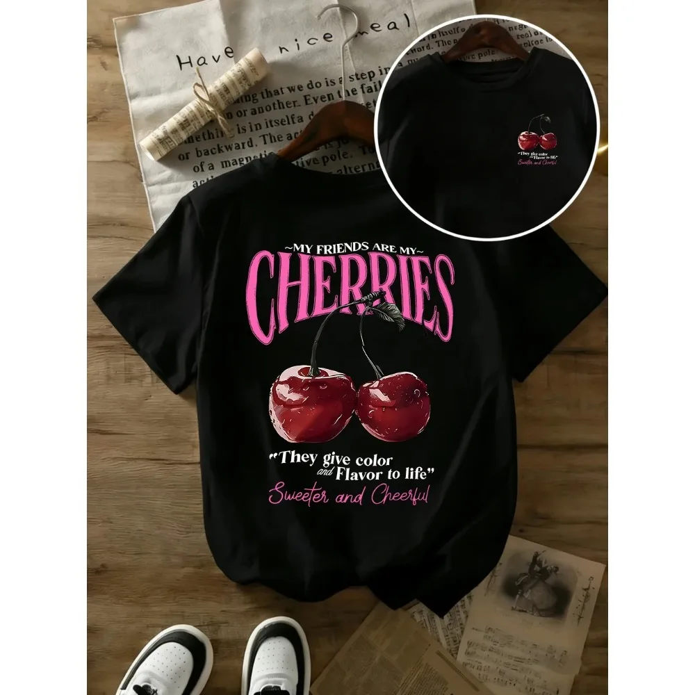 Summer Sweeter Cherries Prints T-Shirt Women Casual Crew Neck Short Sleeve Tops Design in Vibrant Colors Relaxed Chic Loose Fit