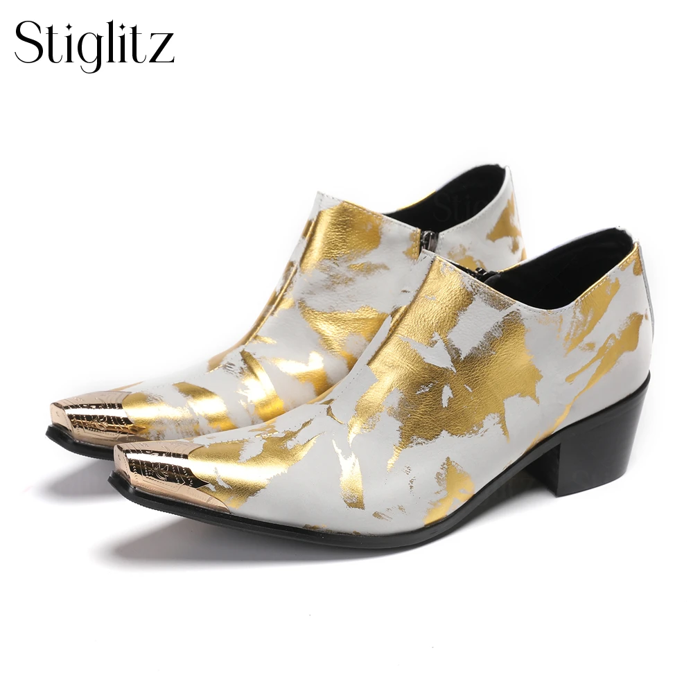 Gold Painted Zipper Metal Tip Shoes Novelty Leather High Heels for Men Designer Style Pointed Toe Men Shoes Banquet Dress Shoes