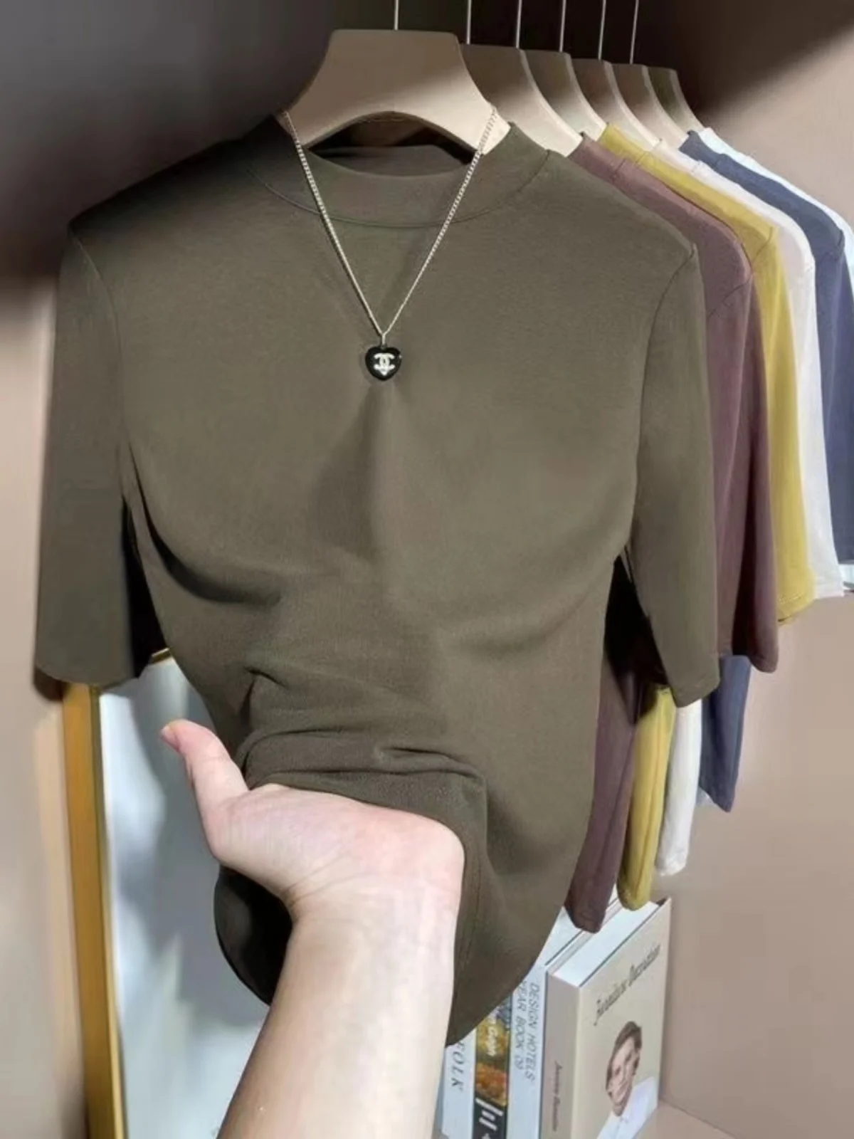 Camiseta ajustada de algodón Modal f Sve para mujer, Top con Base de cuello levantado, Top irt Five Sve Commute Sle, Otoño Faion de talla grande