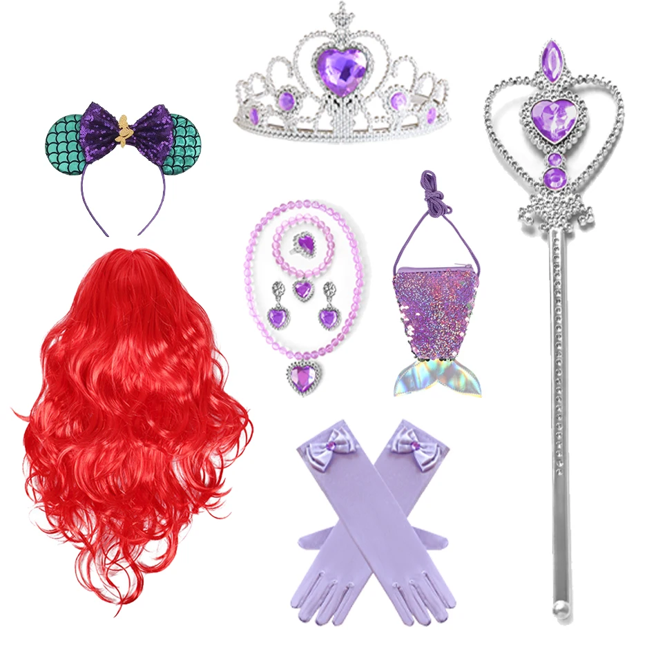 Ariel Princess Accessories Gloves Wand Crown Jewelry Set Mermaid Wig Necklace Braid for Princess Dress Clothing Cosplay Dress UP