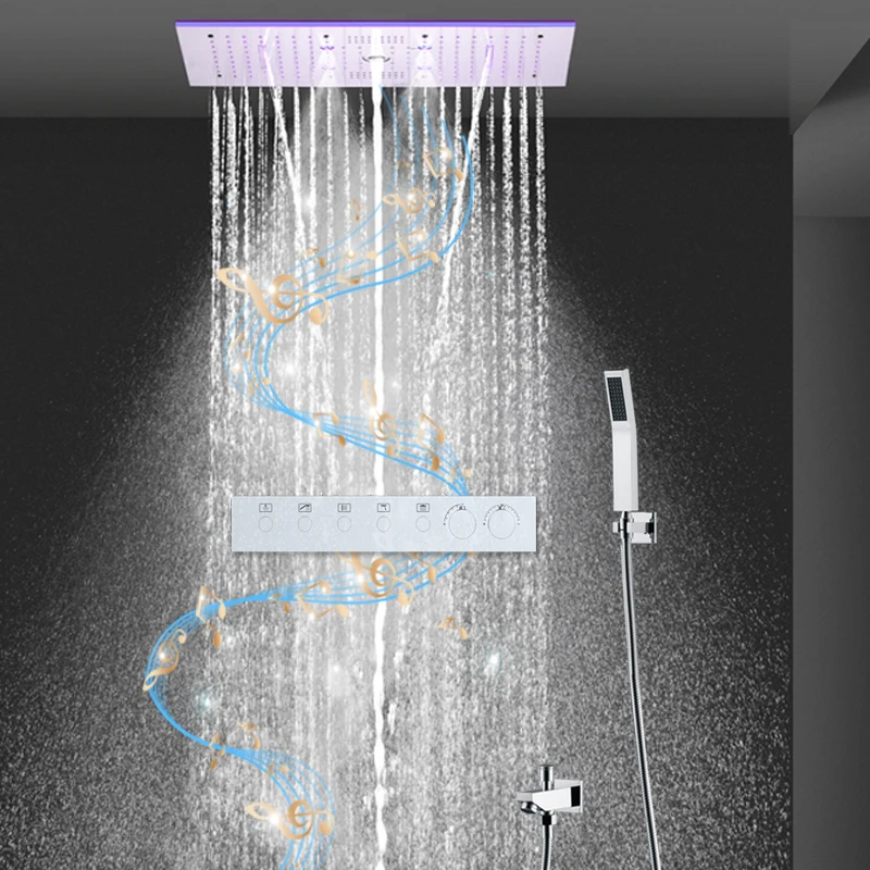 

Bathroom Shower Set LED Ceiling Rain Column Mist Waterfall Massage Music Shower Thermostatic 5 Ways Button Mixer