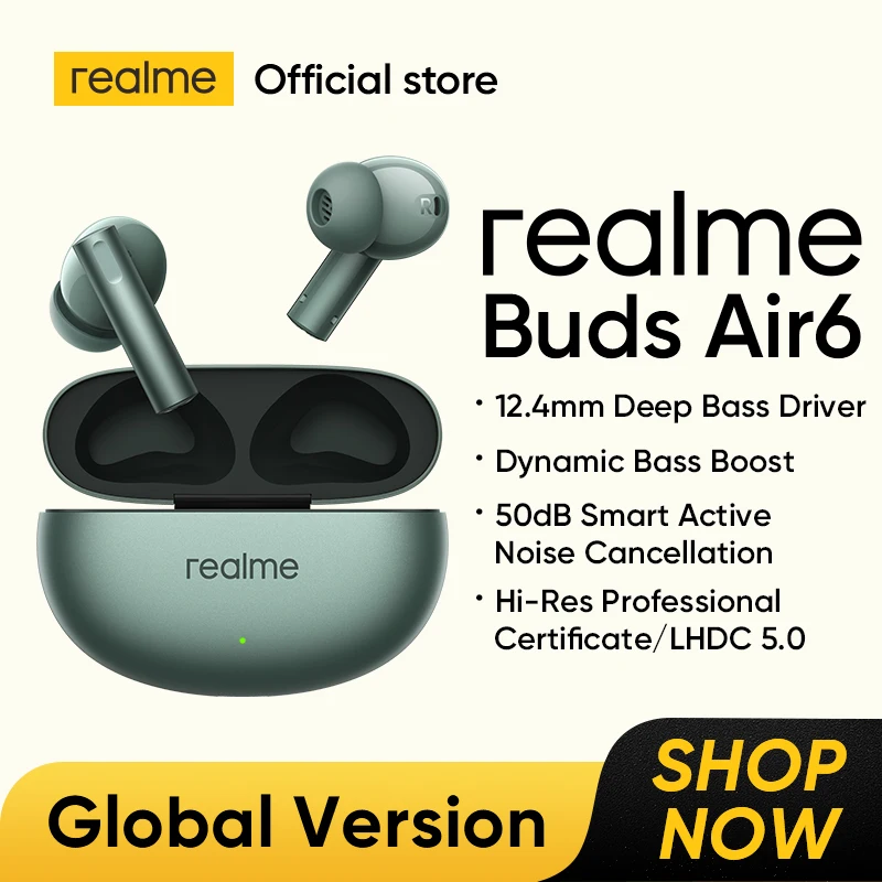 realme Buds Air 6 TWS Earphone 50dB Active Noise Cancelling Wireless Headphone IP55 40 Hour Battery Life Headphone Hi-Res LHDC