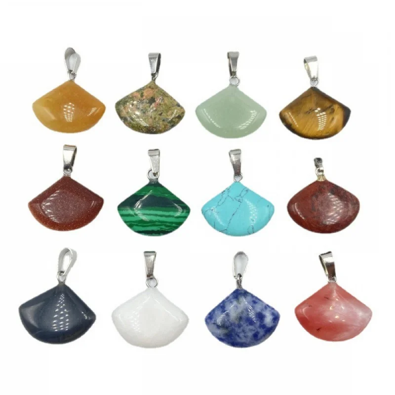 Crystal Jade Pendant Fan Shaped Necklace Semi Precious Stones Jewelry for Men and Women Stainless Steel Leather Clavicle Chain