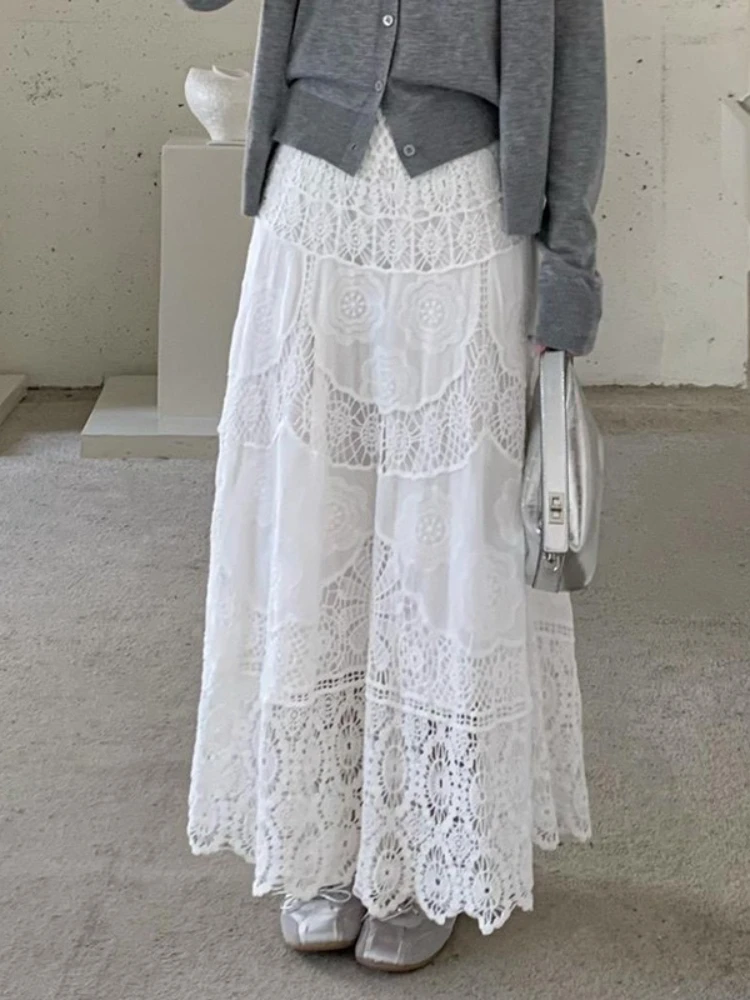 

Summer Fashion Design Niche Apricot Skirts Bohemian Vacation Style Solid Color Lace Hook Flower Midi Skirt for Women Clothing