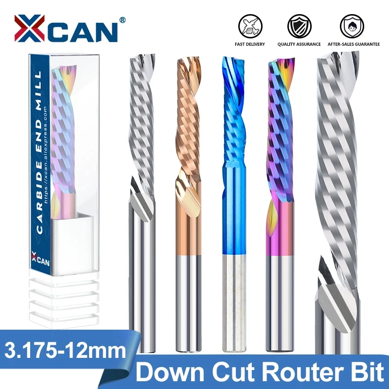 XCAN End Mill Single Flute Down Cut Spiral Router Bit 3.175/4/5/6/8/10/12mm Shank CNC Milling Cutter for Acrylic PVC MDF Wood