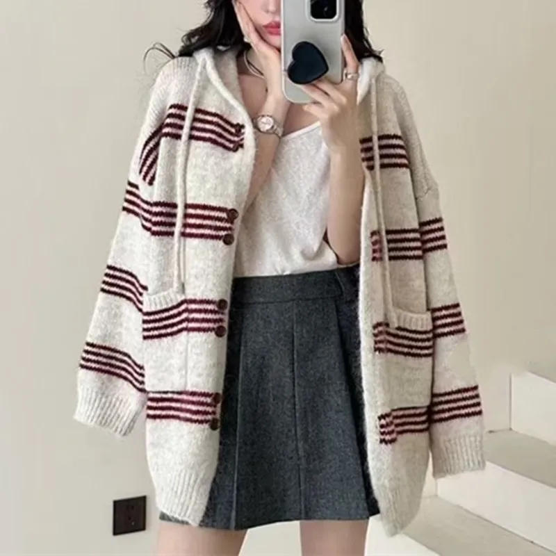 

Lazy Style Color-Block Striped Hooded Sweater Coat Women, Autumn And Winter Korean Style Loose Mid-Length Knitted Cardigan