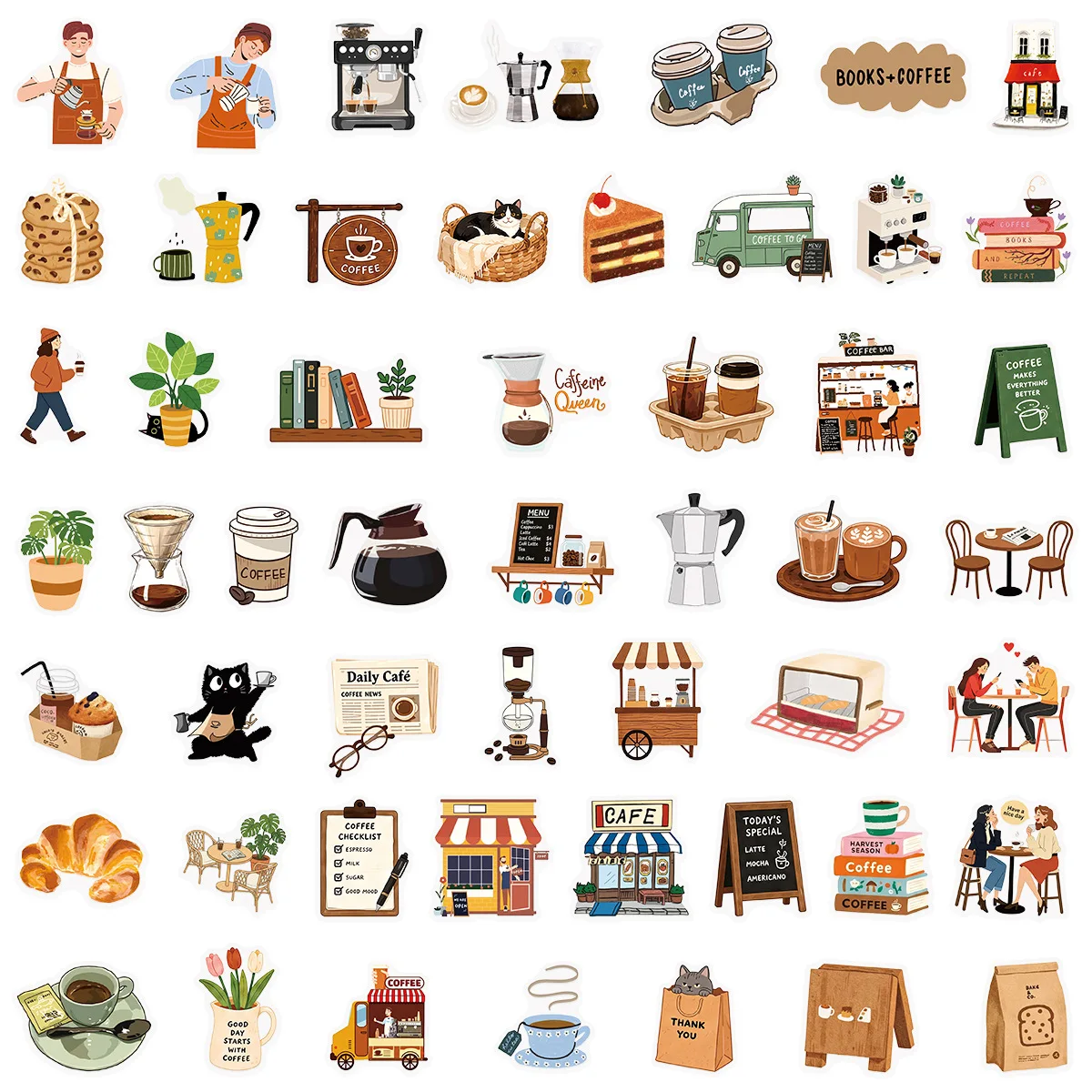 50 Pcs Healing Cafe Afternoon Tea Stickers Waterproof Vinyl Decals for Journal Laptop Water Bottle Phone Case Gift