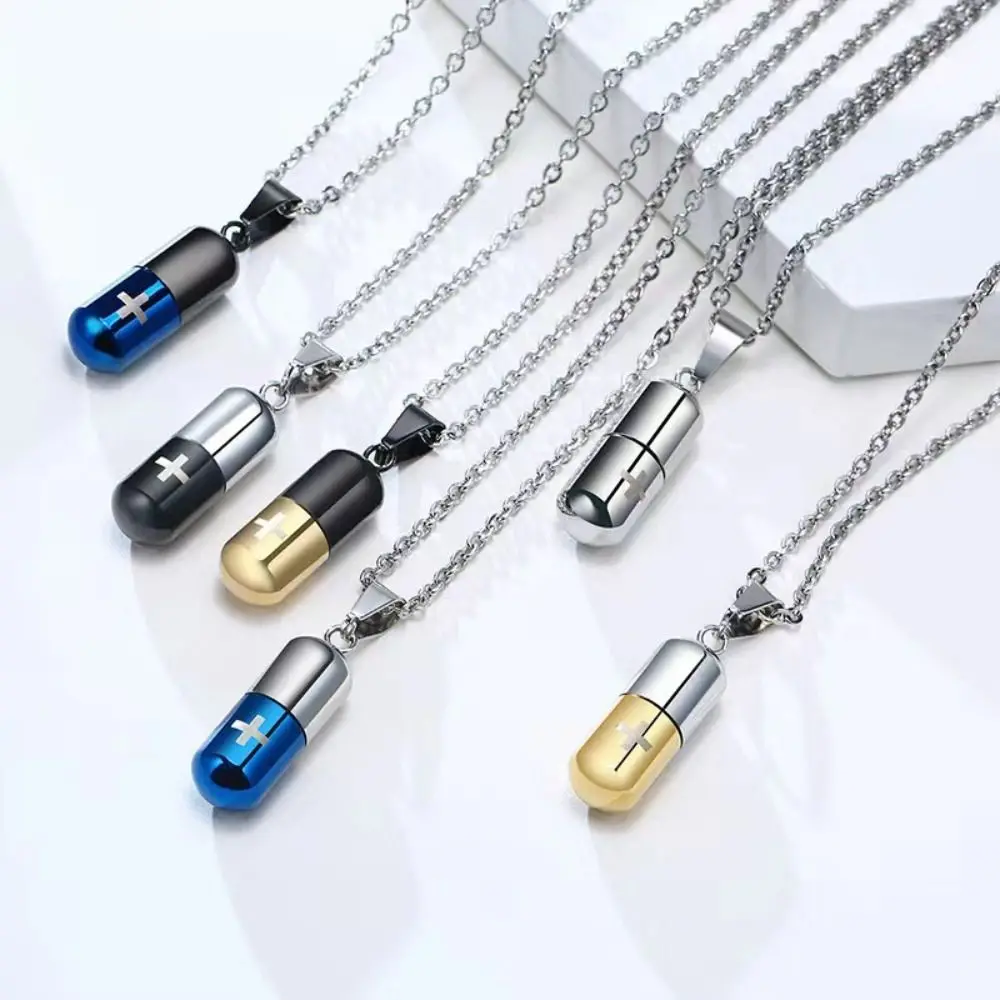 Stainless Steel Capsule Pill Pendant Necklace Can Open Cross Engraved Hollow Pill Necklace Perfume Holder Cremation Urn Pendant