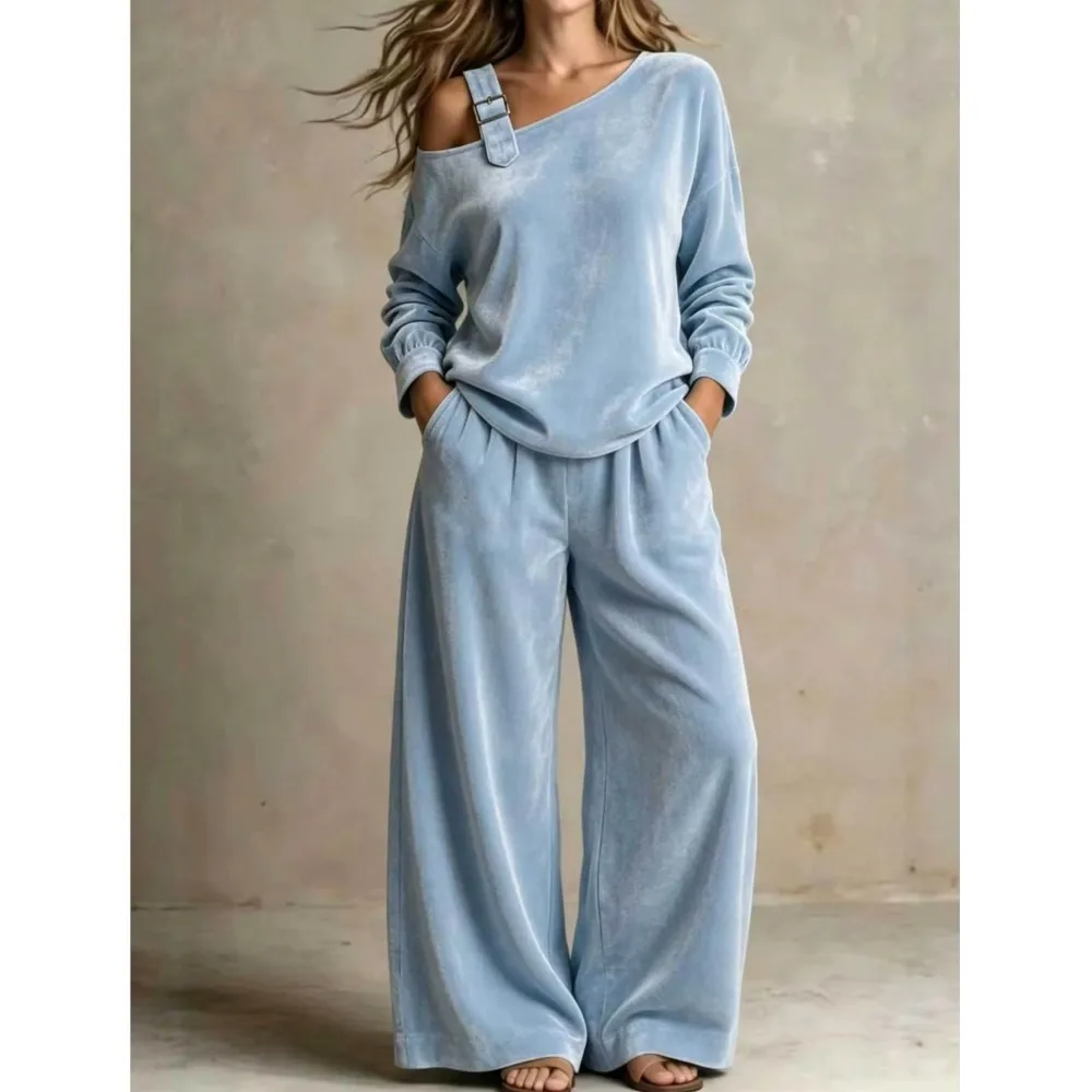 Herbst Neue Damen Samt-Loungewear 2-Teiliges Set Ein-Schulter-Top mit Schnalle Langarm Weite Hose Lässiger Trainingsanzug für den Alltag