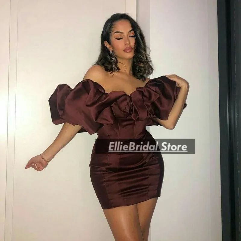 

Chocolate Brown Cocktail Dresses Ruffles Satin Birthday Dress Woman Sexy Mini Party Outfit Short Prom Gowns Customized