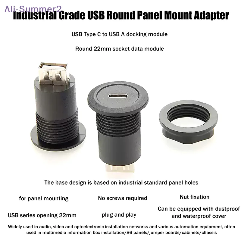 conector-usb-c-femea-para-usb-a-femea-redondo-para-montagem-em-painel-extensor-de-tomada-de-passagem-bulkhead-passthrough-socket--lancamento-de-verao