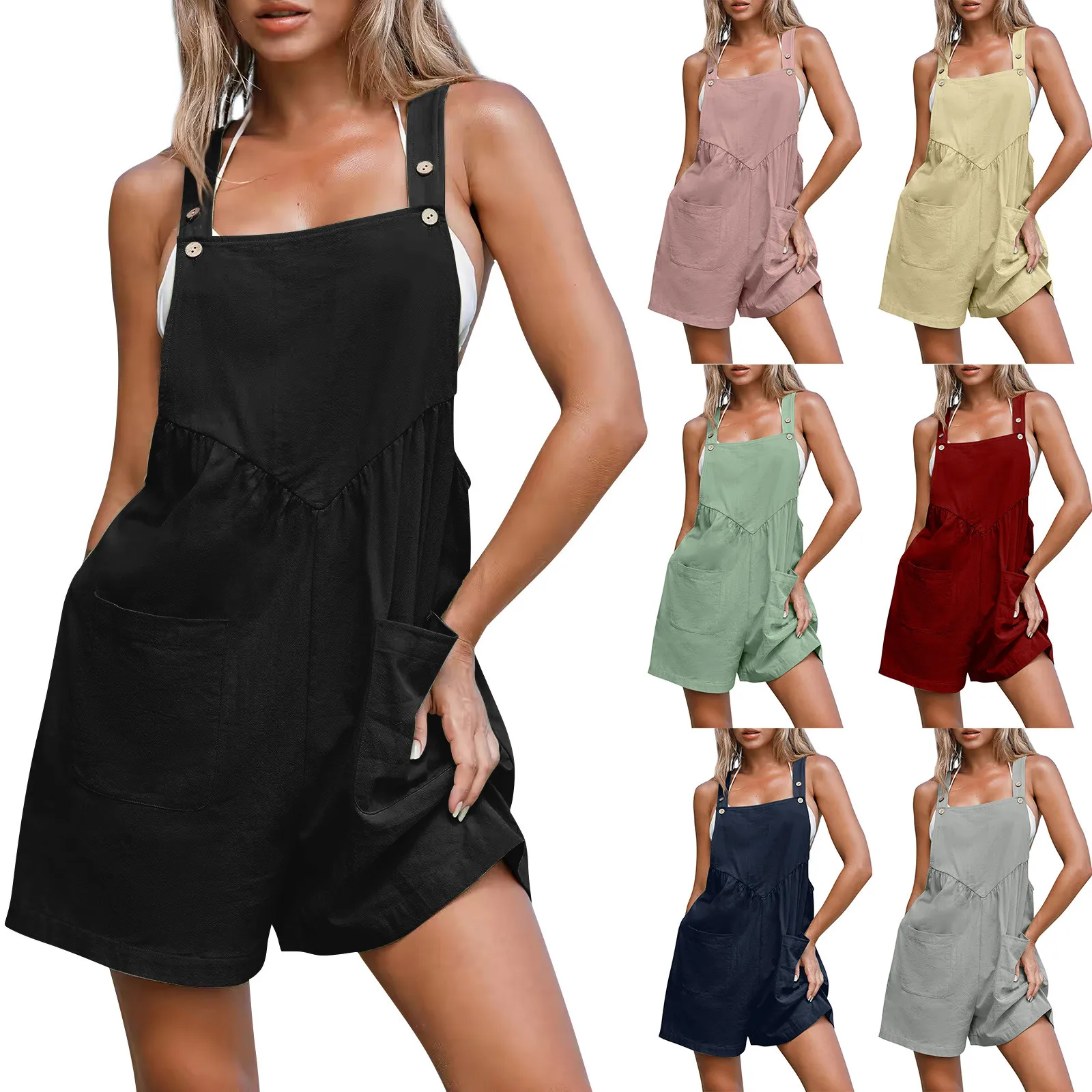 2024 Summer Women's Jumpsuit Overalls Short Loose Sleeveless Adjustable Strap Overall Solid Casual Daily Romper With Pockets