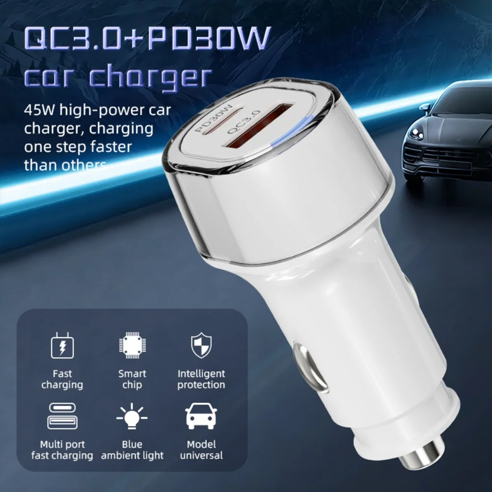 

Автомобильное зарядное устройство с двумя портами 30 Вт Type-C, прикуриватель PD, адаптер для быстрой зарядки телефона в автомобиле для Xiaomi iPhone 15 Samsung