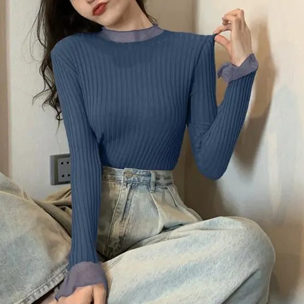 Women Tees Half High Neck Knit Sweater Solid Cute Casual T Shirt Size S-XL Long Sleeve New Flare Sleeve Fashion Style Clothing