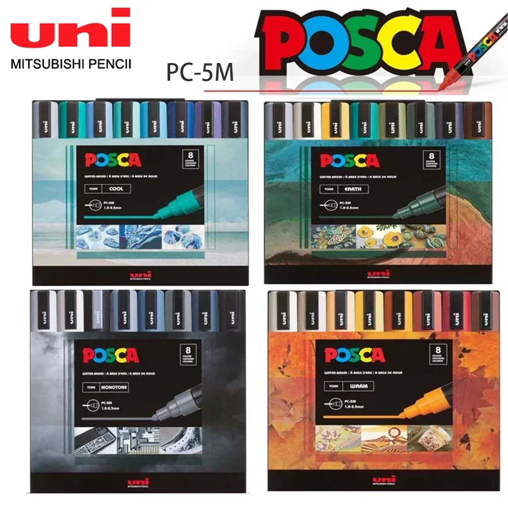 8pcs Japan UNI POSCA Markers Set PC-5M Permanent Acrylic Paint Pen Quick Dry Graffiti Painting Art Supplies Japanese Stationery