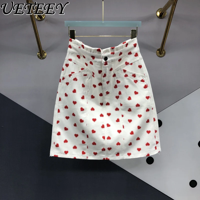 

2025 Summer New Korean Version High Waist and Thin Love Printed Denim Skirt Women's Big Pocket Hip Short Mini Skirt High Street