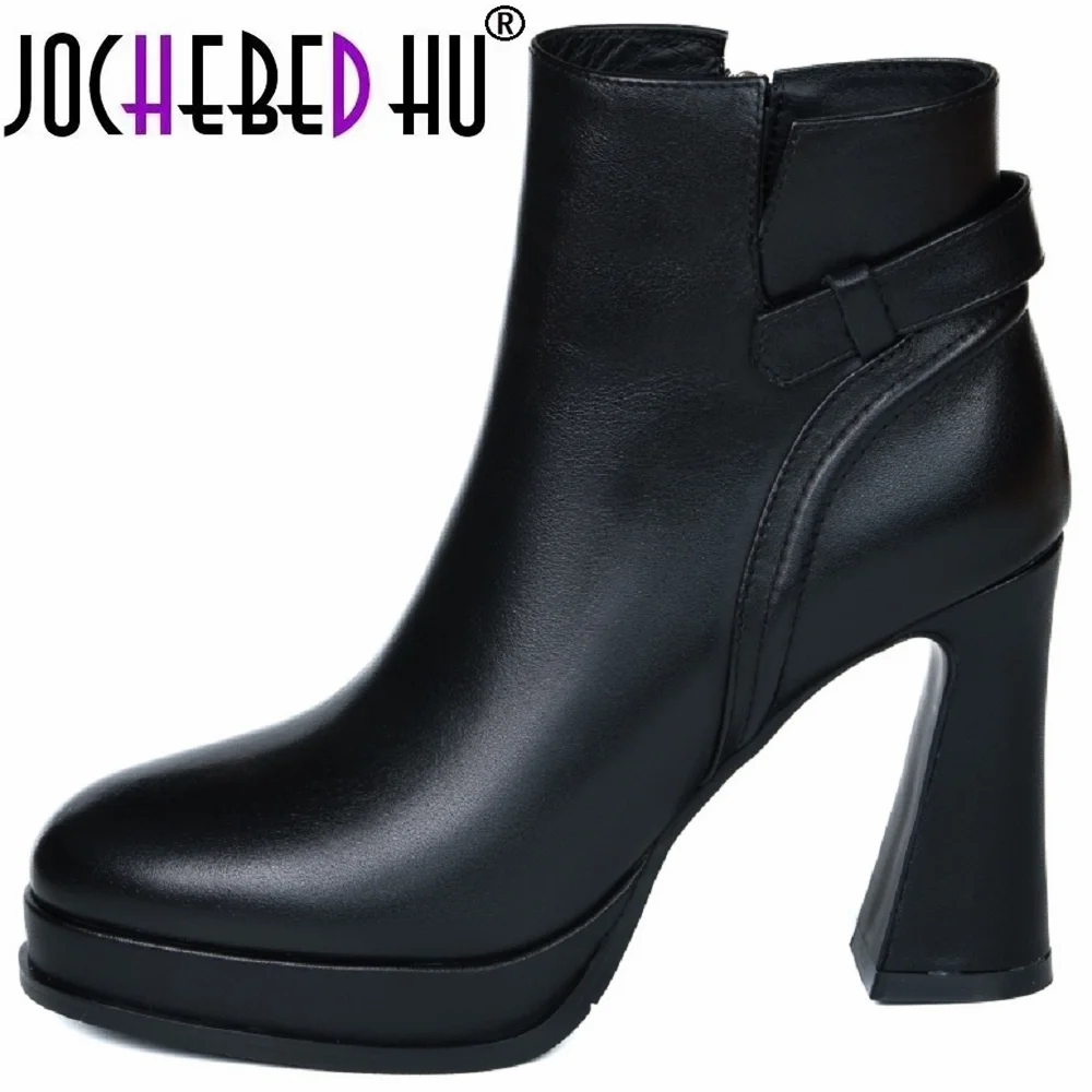 

【JOCHEBED HU】Handmafe Brand Genuine Leather Women's Ankle Boots Chunky High Heels Platform Office Shoes