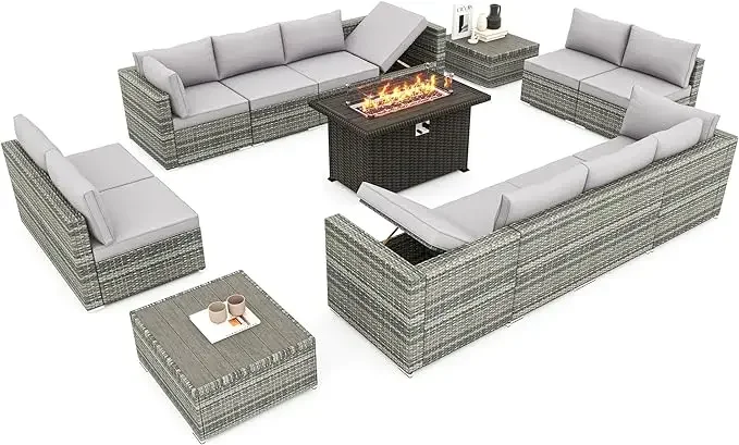 7/8/15pc High Back Outdoor Furniture Set,PE Rattan Sectional Sofa,Wicker Patio Conversation Set w/Cushion & Glass/Fire Pit Table