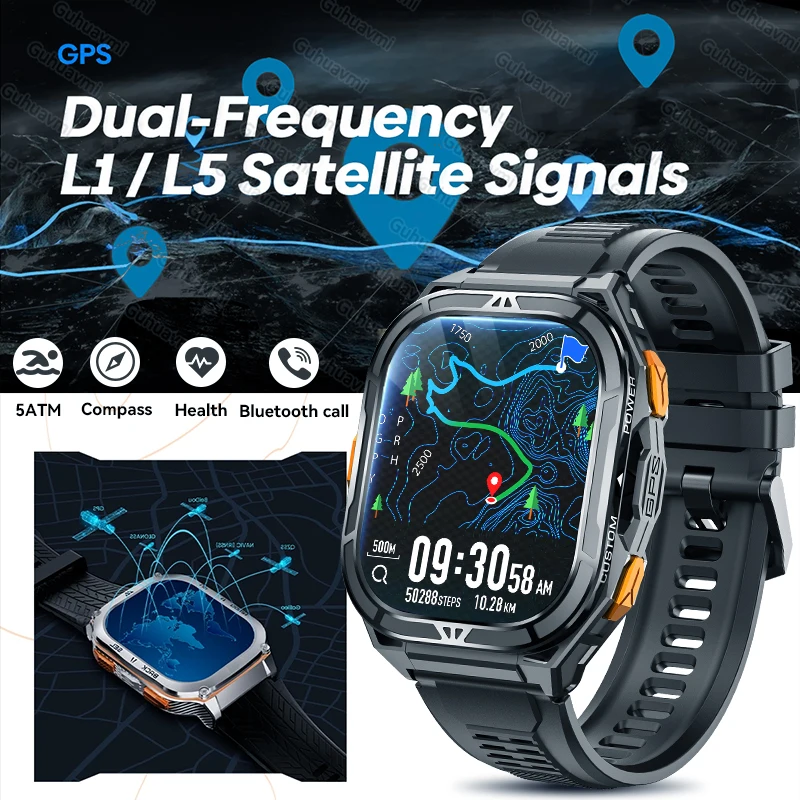 

2025 New GUHUAVMI TANK X5 Dual-Frequency GPS L1+L5 Smart Watch 5ATM Waterproof Compass Bluetooth Call SpO₂ Monitor Smartbracelet