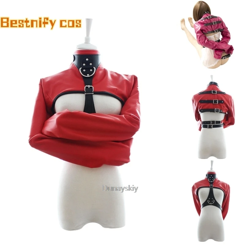 Women Black Red Sexy Open Breast Cupless Leather Bondage Strait Jacket Top Women\'s Restraint Straight Jacket Halloween Costume