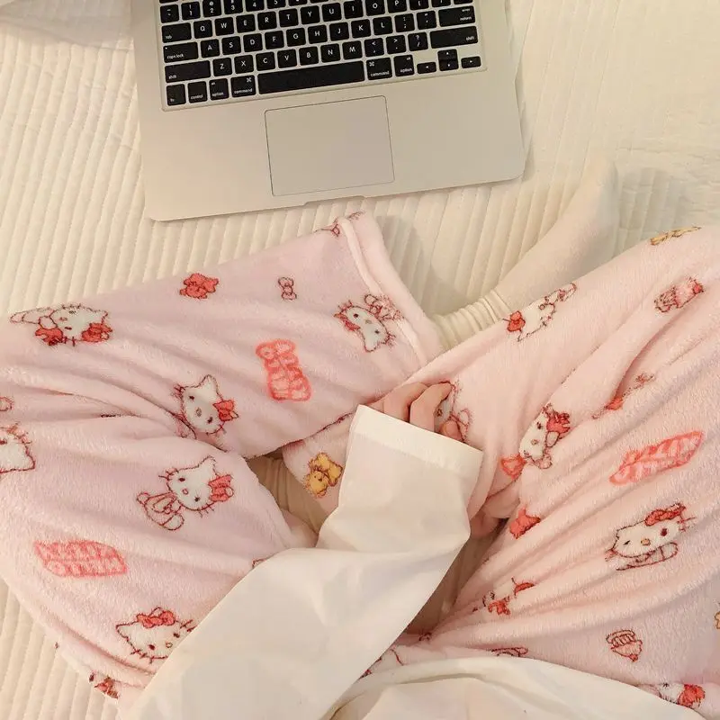 New Hello Kitty Plush Soft Women's Sleepy Pants Homewear Casual Walking Pants, Oversize Cute Cartoon Flannel Sleep Bottoms