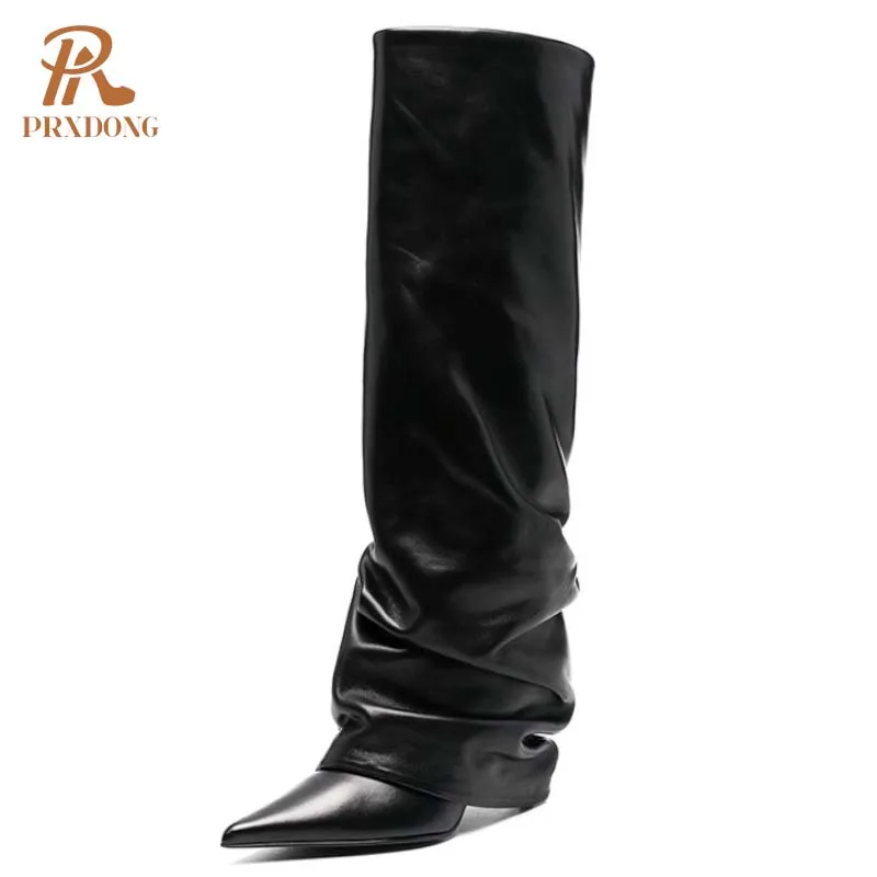 PRXDONG New Sexy High Heels Pointed Toe Autumn Winter Warm Knee High Boots Black Beige Dress Party Female Long Boots Size 34-43