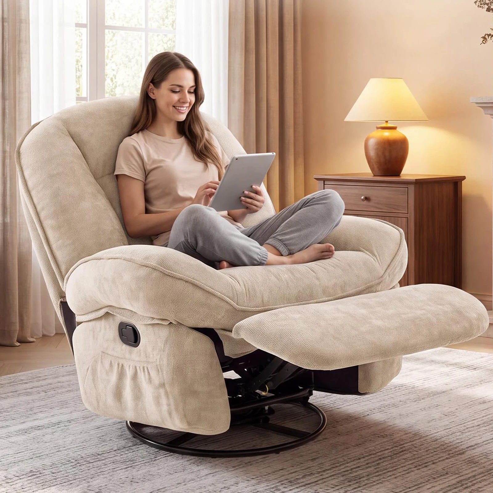 360° Swivel Rocker Recliner Chair with 8 Vibration Massage Points and Heat Oversized Chenille Fabric Glider Reclining Nursery Chair with Side Pockets Armchair for Living Room Bedroom, Gray/Beige