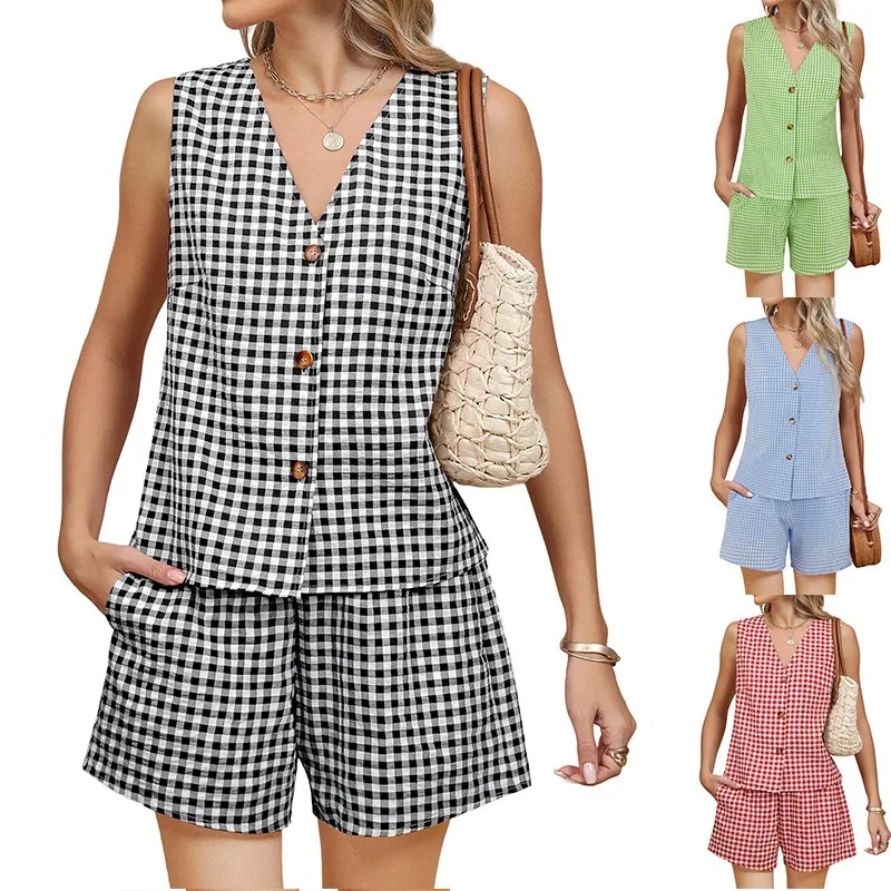 Conjuntos de Ropa para Vacaciones, Shorts para Mujer, Conjunto de 2 Piezas, Pantalones Cortos de Algodón, Top sin Mangas, Shorts Bermuda, Pantalones Capri de Cintura Alta, Blanco y Negro